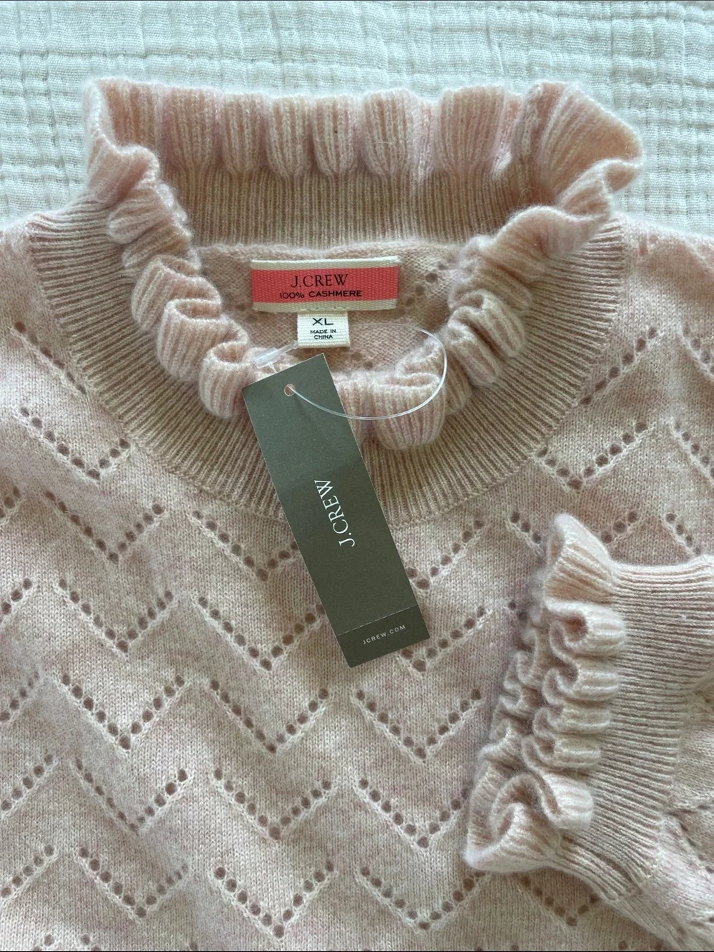 J.Crew Shell Pink Ruffle-Neck Cashmere Sweater size XL